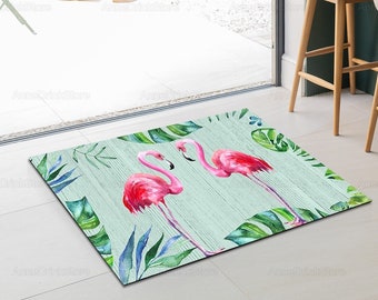TWO TROPICAL PINK FLAMINGOS PALMS on a "BLUE" WELCOME FLAMINGO COIR DOOR MAT RUG 