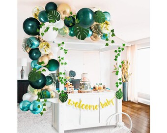 Sweet Baby Co. Jungle Theme Safari Baby Shower Decorations with Green Balloon Garland Arch Backdrop, Tropical Leaves Decoration, Ivy Vines