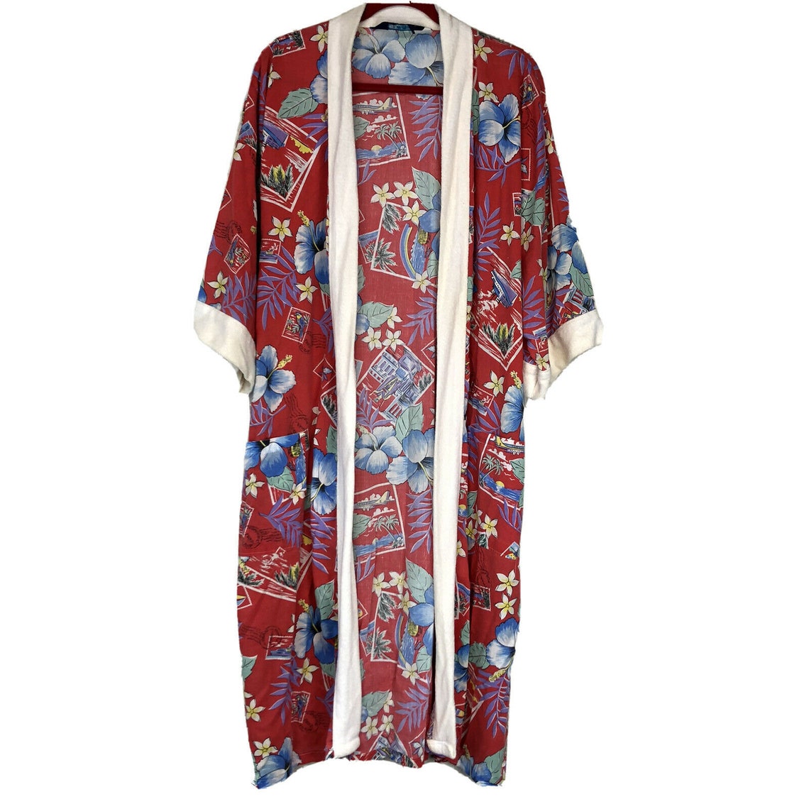 Vintage Hawaiian Print Robe Womens One Size Red Open Pockets Etsy