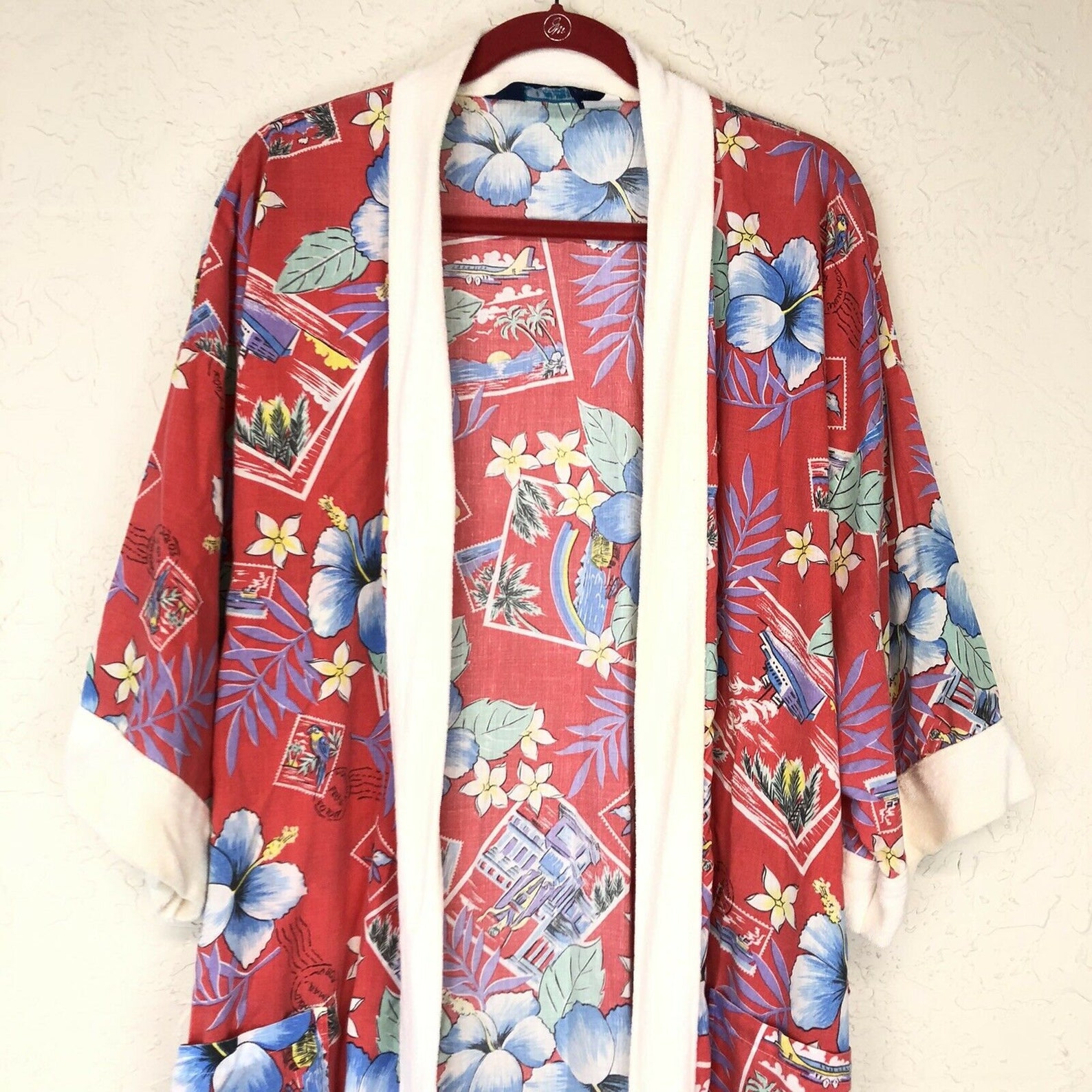 Vintage Hawaiian Print Robe Womens One Size Red Open Pockets Etsy