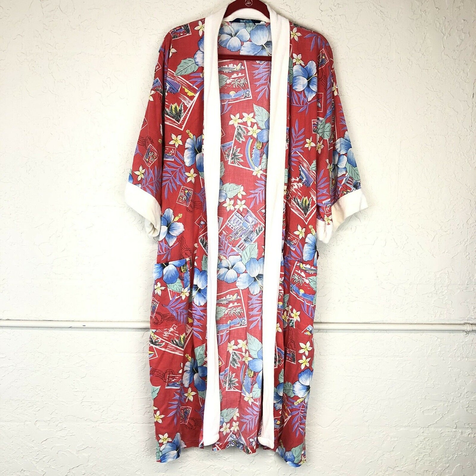 Vintage Hawaiian Print Robe Womens One Size Red Open Pockets Etsy