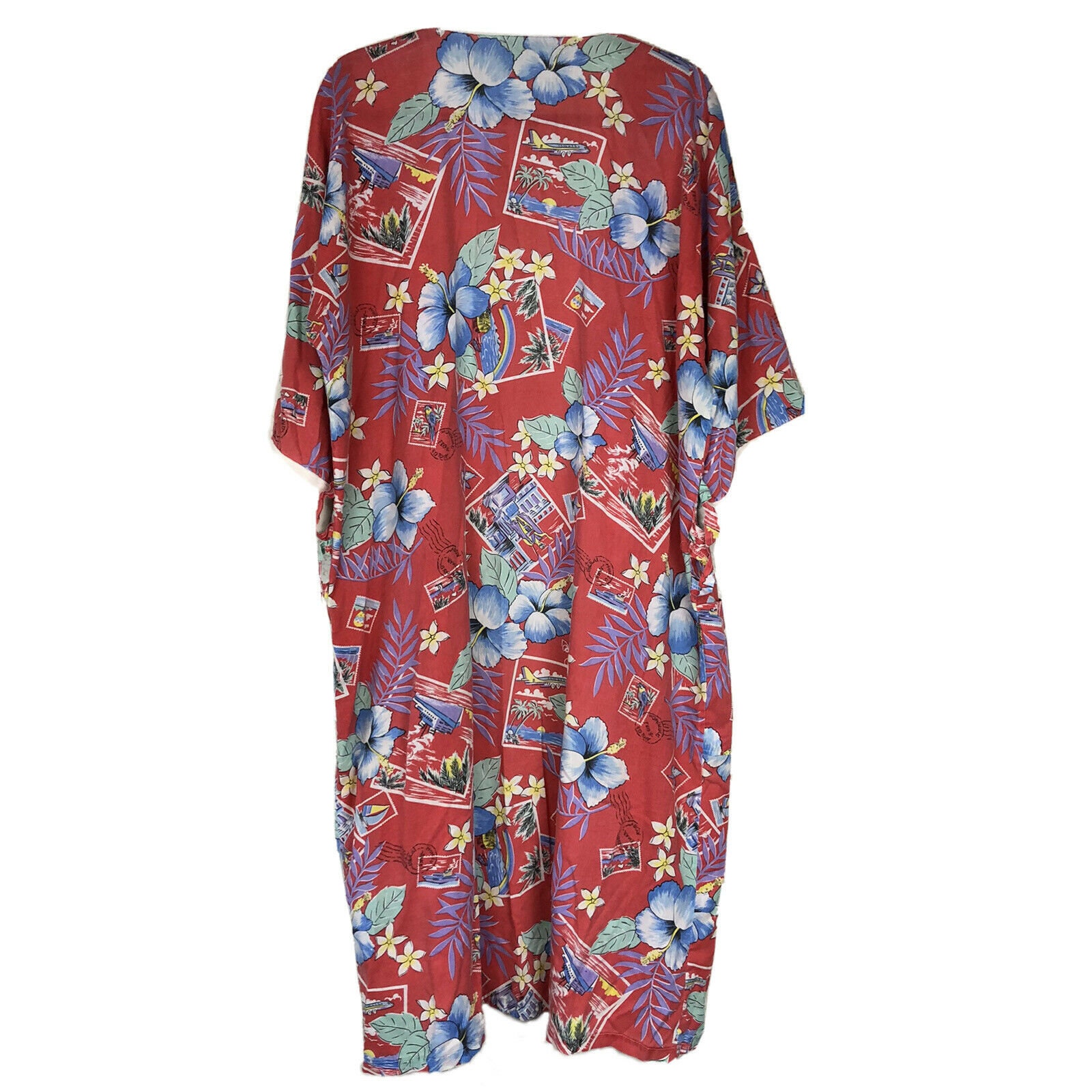 Vintage Hawaiian Print Robe Womens One Size Red Open Pockets Etsy