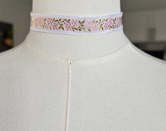 Pink Floral Ribbon Choker • Lolita Lace Choker • Pastel Flower Embroidered Necklace • Soft Girl Aesthetic Jewelry
