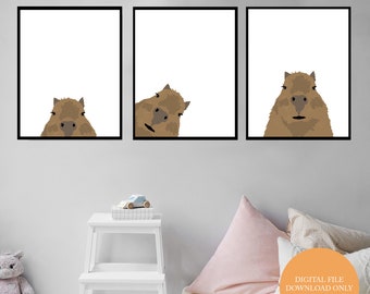 Capybara print set of 3, Printable wall art, Art prints, Digital download, Nursery animal décor, Capybara poster, babies room, Customisable