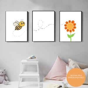 Conjunto de estampado de abejas y flores de 3, Arte de pared imprimible, Impresiones de arte, Descarga digital, Decoración de animales de guardería, cartel de abejas, habitación de bebés, Personalizable