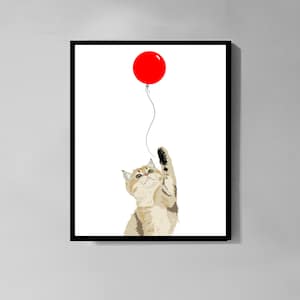 Impresión de gatito y globo de fondo PERSONALIZADO, arte de pared imprimible, impresiones de arte, descarga digital, arte lindo, arte moderno