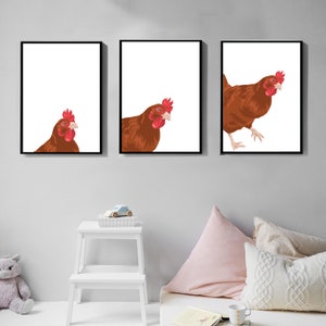 Conjunto de impresión de pollo de 3, Arte de pared imprimible, Impresiones de arte, Descarga digital, Decoración de animales de guardería, Cartel de pollo, habitación de bebés, Personalizable