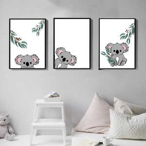Juego de impresión de koala de 3, Arte de pared imprimible, Impresiones de arte, Descarga digital, Decoración de animales de guardería, Póster de koala, Personalizable