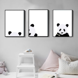Panda print set of 3, Printable wall art, Art prints, Digital download, Nursery animal décor, Panda poster, babies room, Customisable