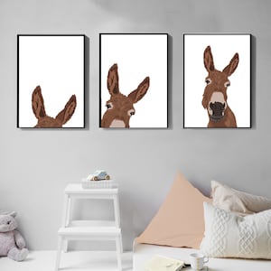 Conjunto de impresión de burro de 3, Arte de pared imprimible, Impresiones de arte, Descarga digital, Decoración de animales de guardería, Cartel de burro, habitación de bebés, Personalizable