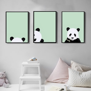 Panda print set of 3, Printable wall art, Art prints, Digital download, Nursery animal décor, Panda poster, babies room, Customisable