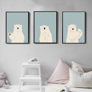 Conjunto de impresión de oso polar de 3, Arte de pared imprimible, Impresiones de arte, Descarga digital, Decoración de animales de guardería, habitación de bebés, Personalizable