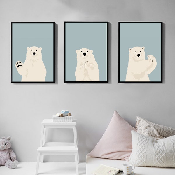 Polar Bear print set of 3, Printable wall art, Art prints, Digital download, Nursery animal décor, babies room, Customisable