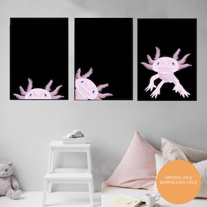 Juego de 3 impresiones de ajolote, Arte mural imprimible, Impresiones artísticas, Descarga digital, Decoración de animales para guardería, Póster de ajolote, Personalizable