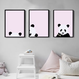 Conjunto de impresión de Panda rosa de 3, Arte de pared imprimible, Impresiones de arte, Descarga digital, Decoración de animales de guardería, Cartel de Panda, habitación de bebés
