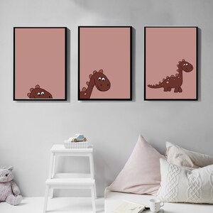 Conjunto de impresión de dinosaurios de 3, Arte de pared imprimible, Impresiones de arte, Descarga digital, Decoración de animales de guardería, Póster dibujado a mano, habitación de bebés