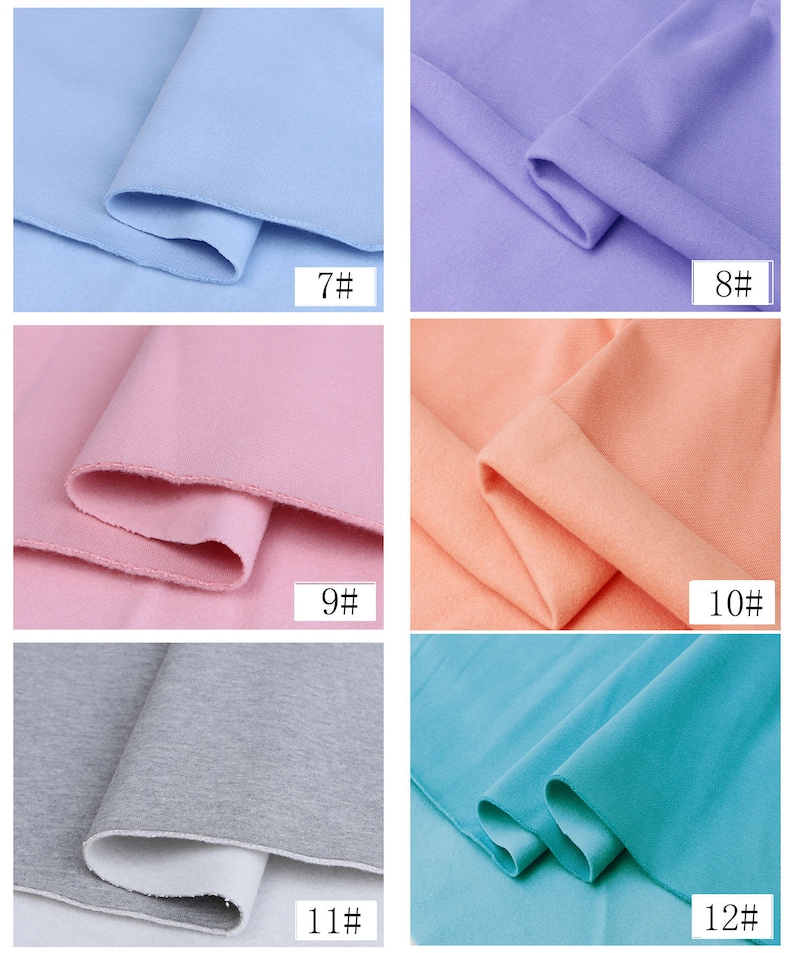 May include: Six fabric swatches in different colors: light blue, lavender, pink, peach, gray, and turquoise. Each swatch is folded in half and labeled with a number from 7 to 12.