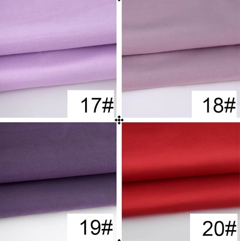 May include: Four fabric swatches in different colors. The top left swatch is light purple, the top right swatch is a darker shade of purple, the bottom left swatch is a dark purple, and the bottom right swatch is red. Each swatch is labeled with a number: 17#, 18#, 19#, and 20#.