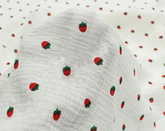 Strawberry Double Gauze Fabric, Crinkle Double Gauze Fabric, 100% Cotton Muslin Fabric, Natural Fabric for Baby, By The Half Yard