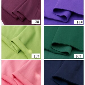 May include: Six fabric swatches in different colors: burgundy, purple, green, dark green, pink, and navy blue. Each swatch is folded in half and labeled with a number.