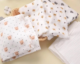 Cotton Double Gauze Fabric, Crinkle Double Gauze Fabric, Animal Printed 100% Cotton Muslin Fabric, Natural Fabric for Baby, By The Half Yard