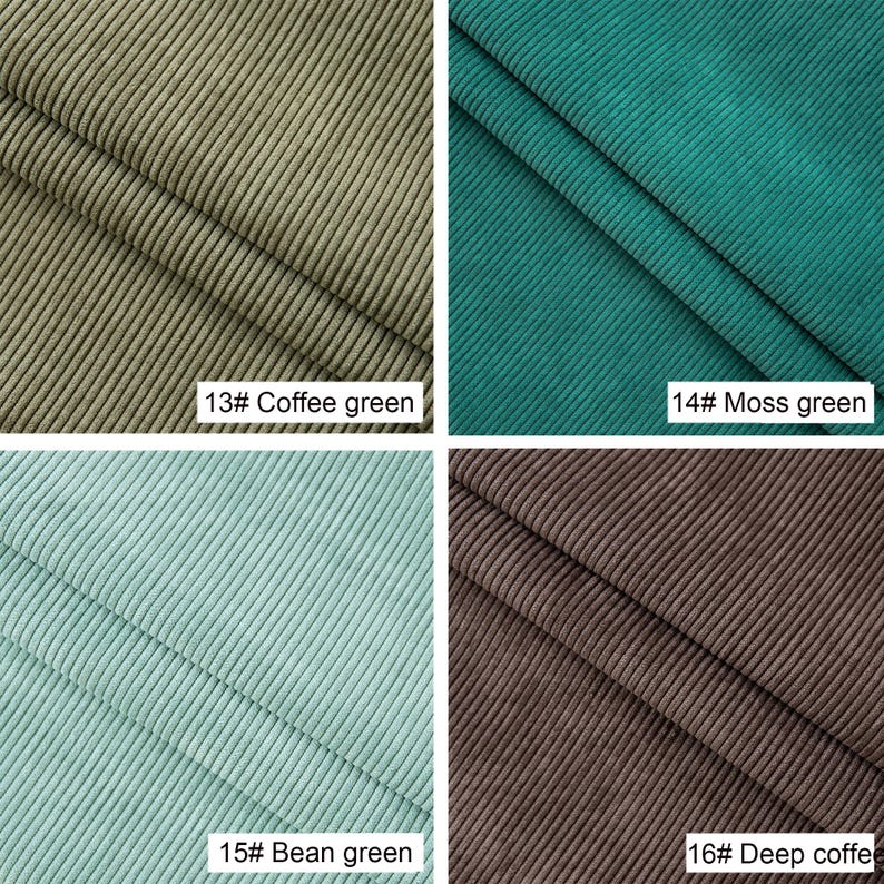 Może przedstawiać: Cztery pr&oacute;bki tkaniny sztruksowej w r&oacute;żnych odcieniach zieleni i brązu. Kolory są oznaczone: 13# Coffee green, 14# Moss green, 15# Bean green i 16# Deep coffee. Tkanina ma prążkowaną fakturę.