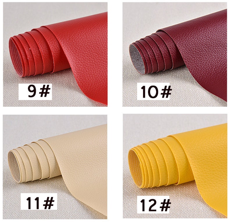 May include: Four rolls of faux leather in different colors: red, burgundy, beige, and yellow. Each roll is labeled with a number: 9#, 10#, 11#, and 12#.