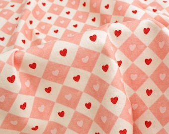 Pink Heart Checkered Brushed Twill Cotton Twill Lightweight Printing Fabric- For Sewing DIY Projects- Tablecloth- Curtain- Decoration