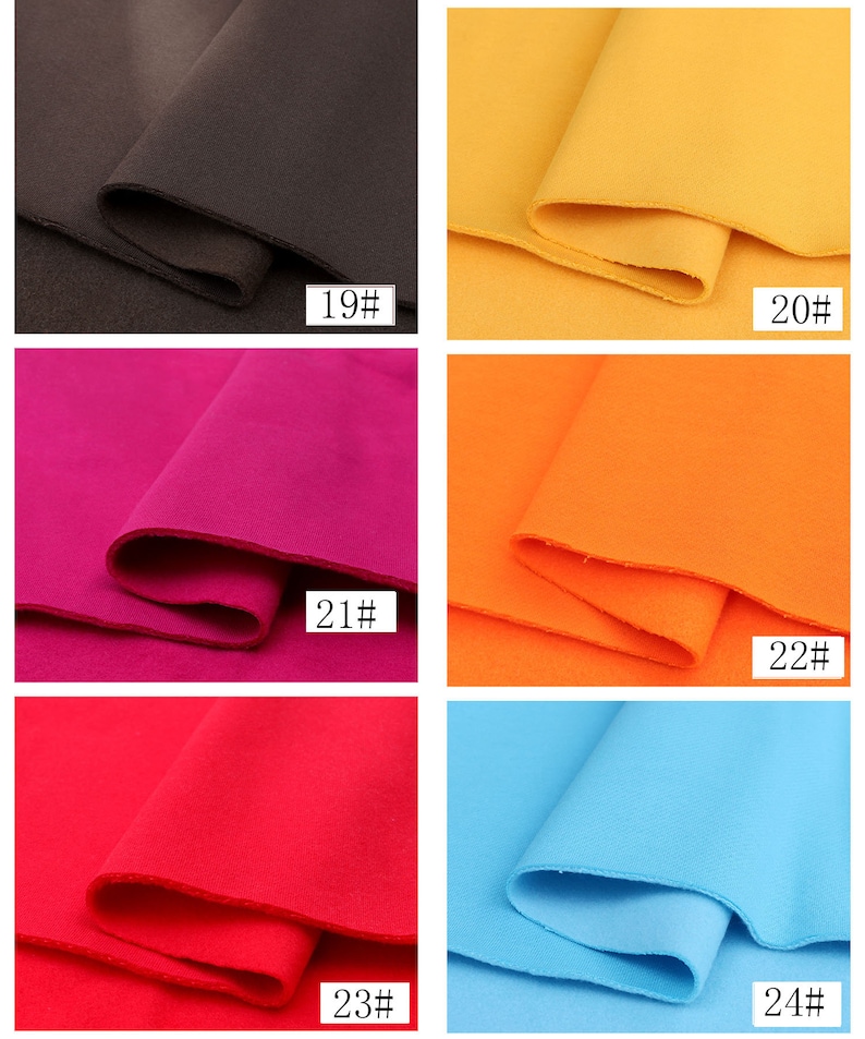 May include: Six fabric swatches in different colors. The swatches are arranged in two rows of three. The colors are brown, yellow, pink, orange, red, and light blue. Each swatch has a number printed on it, from 19 to 24.