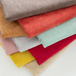 Peut inclure: Un assortiment d'échantillons de tissu en velours côtelé aux couleurs variées : marron, orange, rouge, vert, gris, rose, jaune et beige. Le tissu présente une texture côtelée, chaque échantillon étant plié et superposé pour montrer la gamme de couleurs.