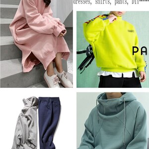 May include: Four images showing different ways to use a fabric. The first image shows a pink sweatshirt worn as a dress. The second image shows a bright yellow sweatshirt. The third image shows a gray sweatshirt and dark blue pants. The fourth image shows a light blue sweatshirt with a high neck.
