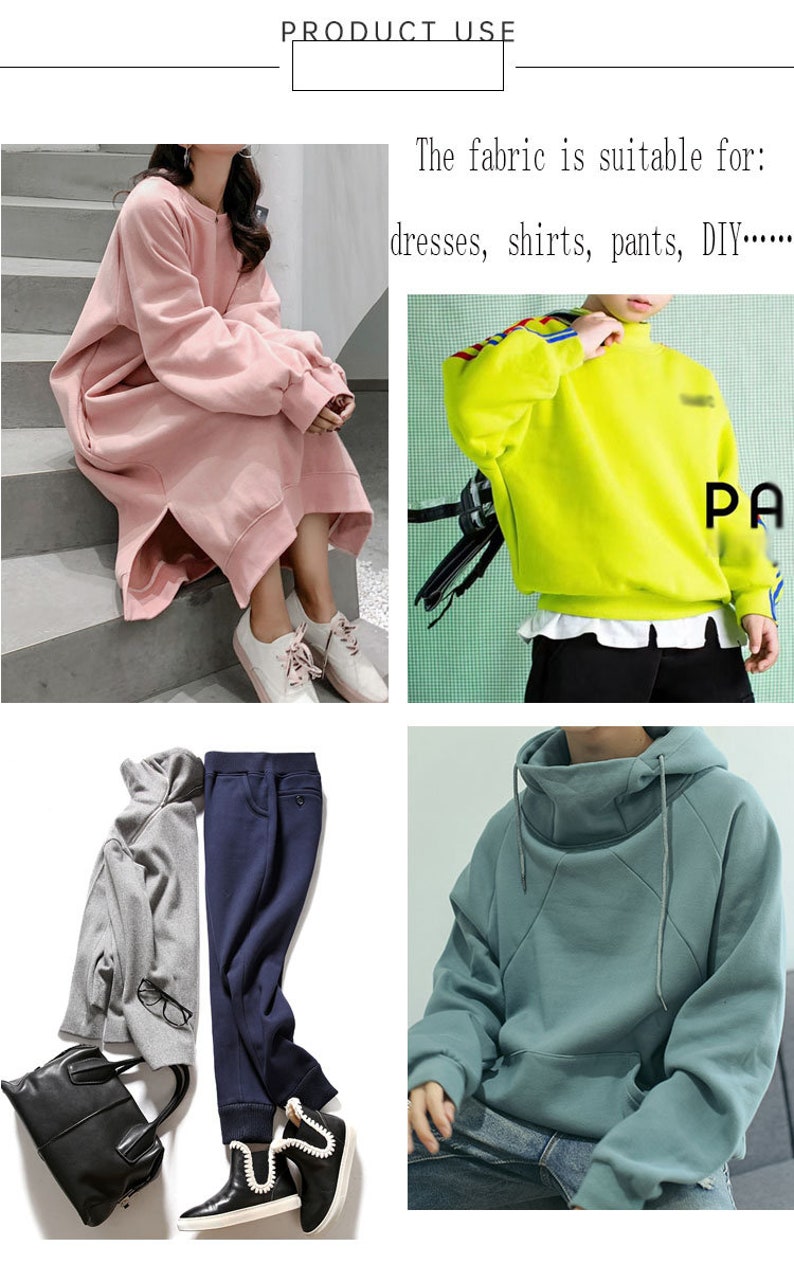 May include: Four images showing different ways to use a fabric. The first image shows a pink sweatshirt worn as a dress. The second image shows a bright yellow sweatshirt. The third image shows a gray sweatshirt and dark blue pants. The fourth image shows a light blue sweatshirt with a high neck.