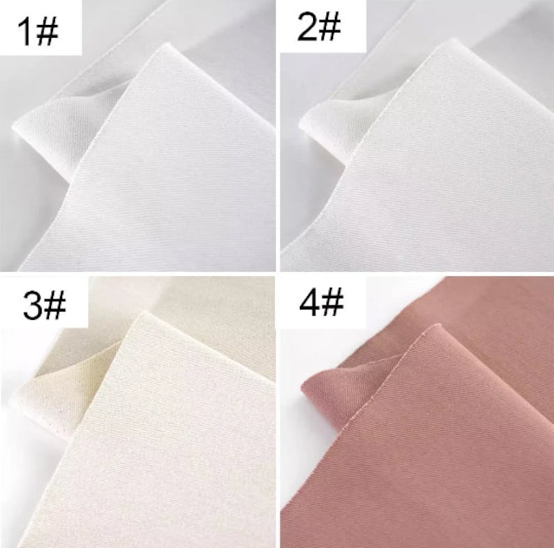 May include: Four fabric swatches, each showing the front and back of the fabric. The swatches are in the following colors: white, off-white, cream, and dusty rose.