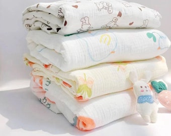 Cotton Double Gauze Fabric, Animal Printed Crinkle Double Gauze Fabric, 100% Cotton Muslin Fabric, Natural Fabric for Baby, By The Half Yard