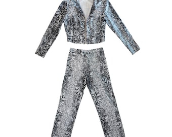 1970s RARE Le Gambi Disco Spandex Shiny Lycra Rhinestone Snakeskin Pants and Jacket Matching Set