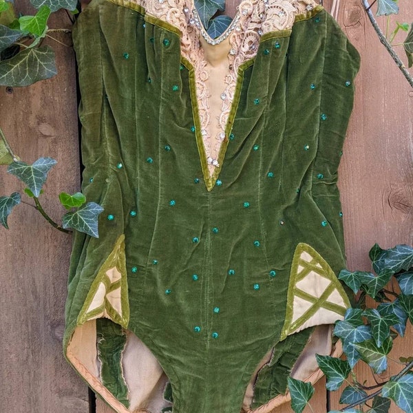 RARE 1940s Lloyd Lambert Velvet Green Rhinestone Vegas Showgirl Burlesque Dancer Bodysuit Costume