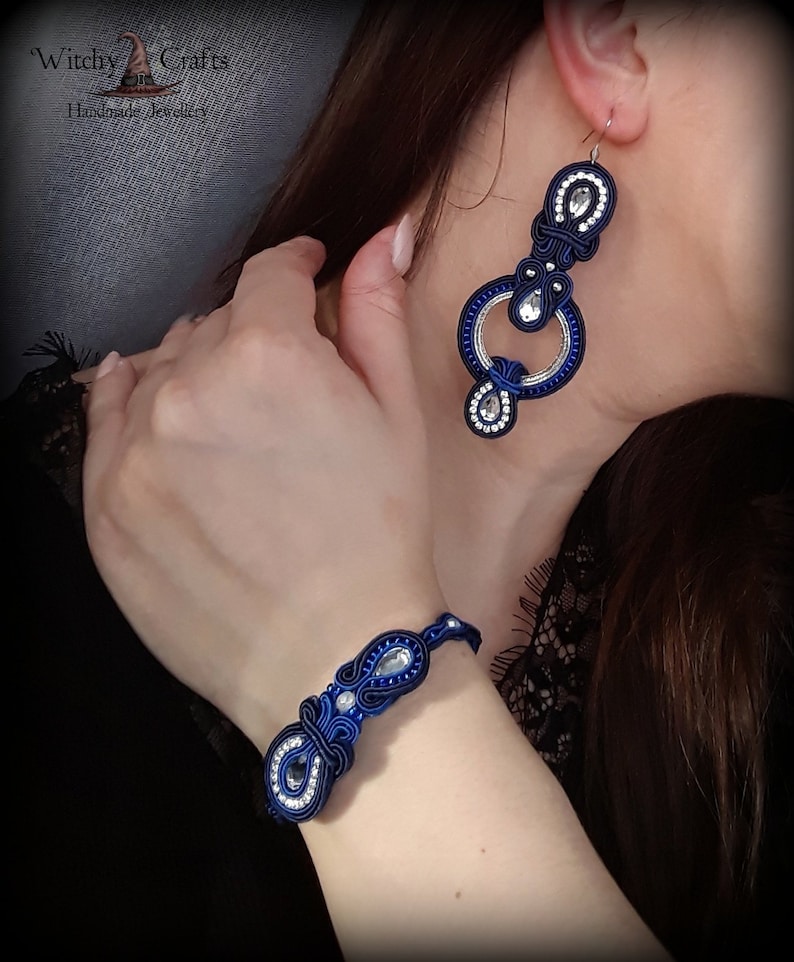 Exquisite blue and silver soutache set Shiny bracelet and hoop earrings
