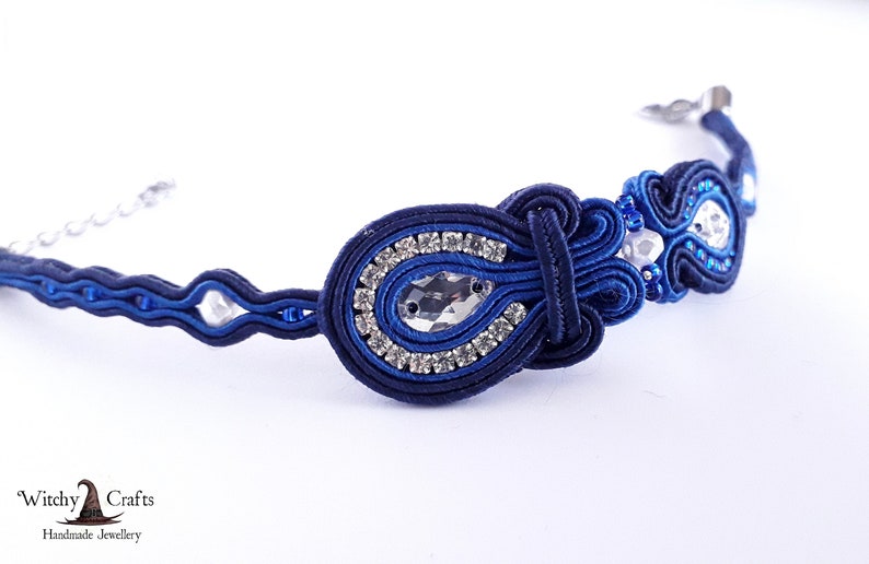 Exquisite blue and silver soutache set Shiny bracelet and hoop earrings