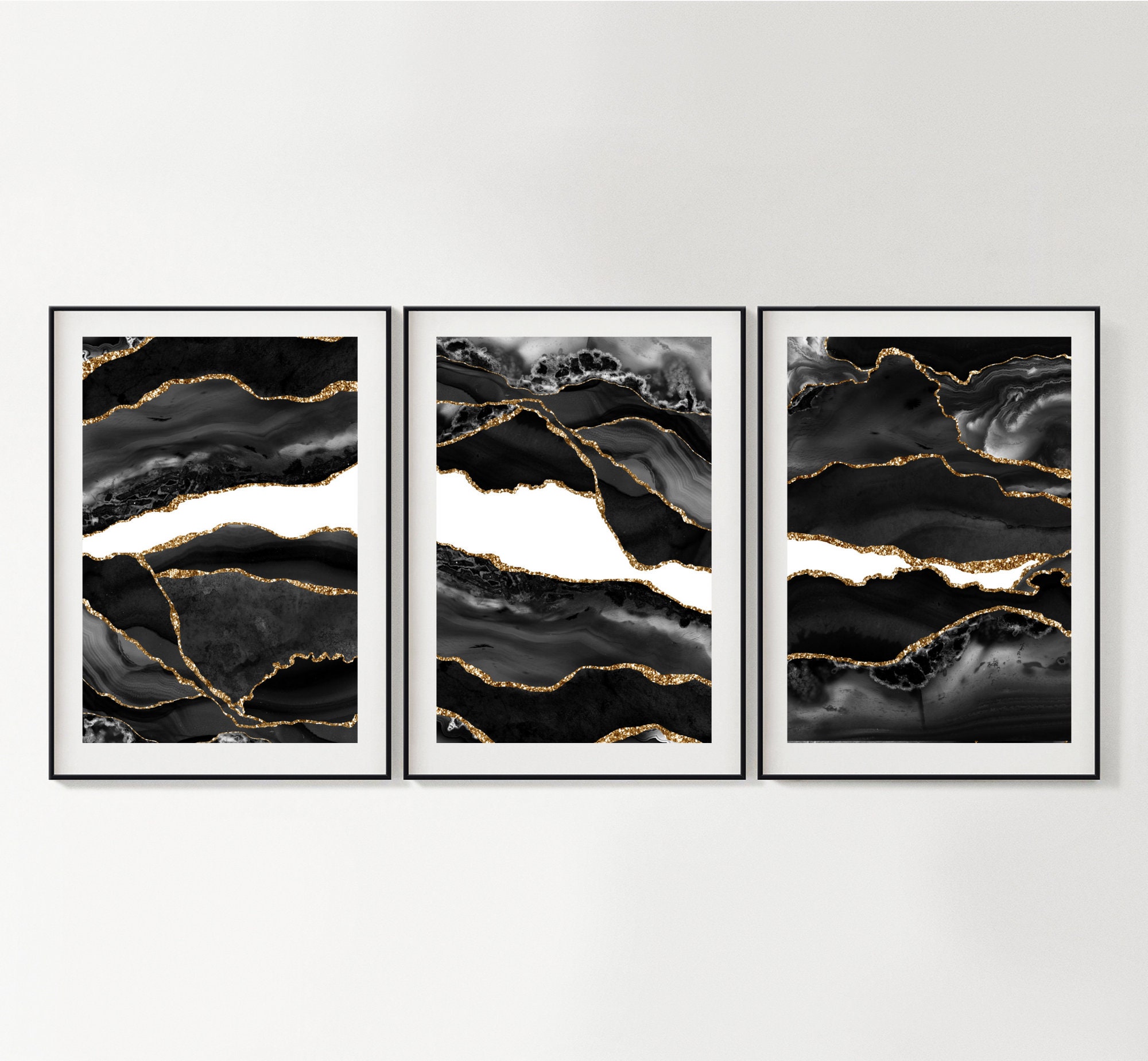 SET of 3 Black and Gold Abstract Wall Art Prints Wall Print Etsy UK