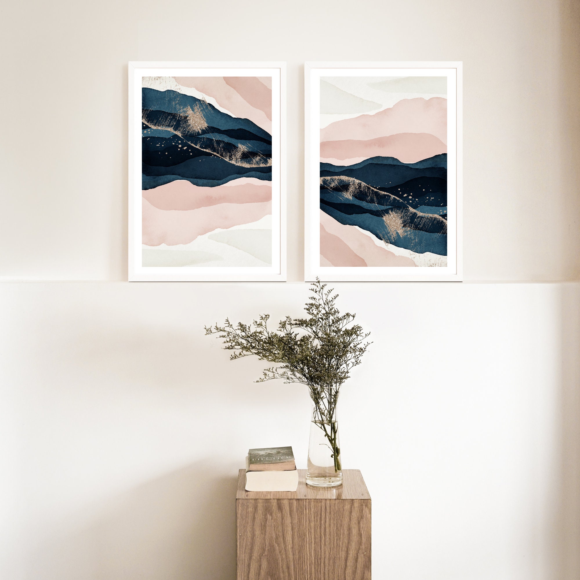 Navy Pink Wall Art Blue Blush Pink Wall Art Modern Bedroom Etsy