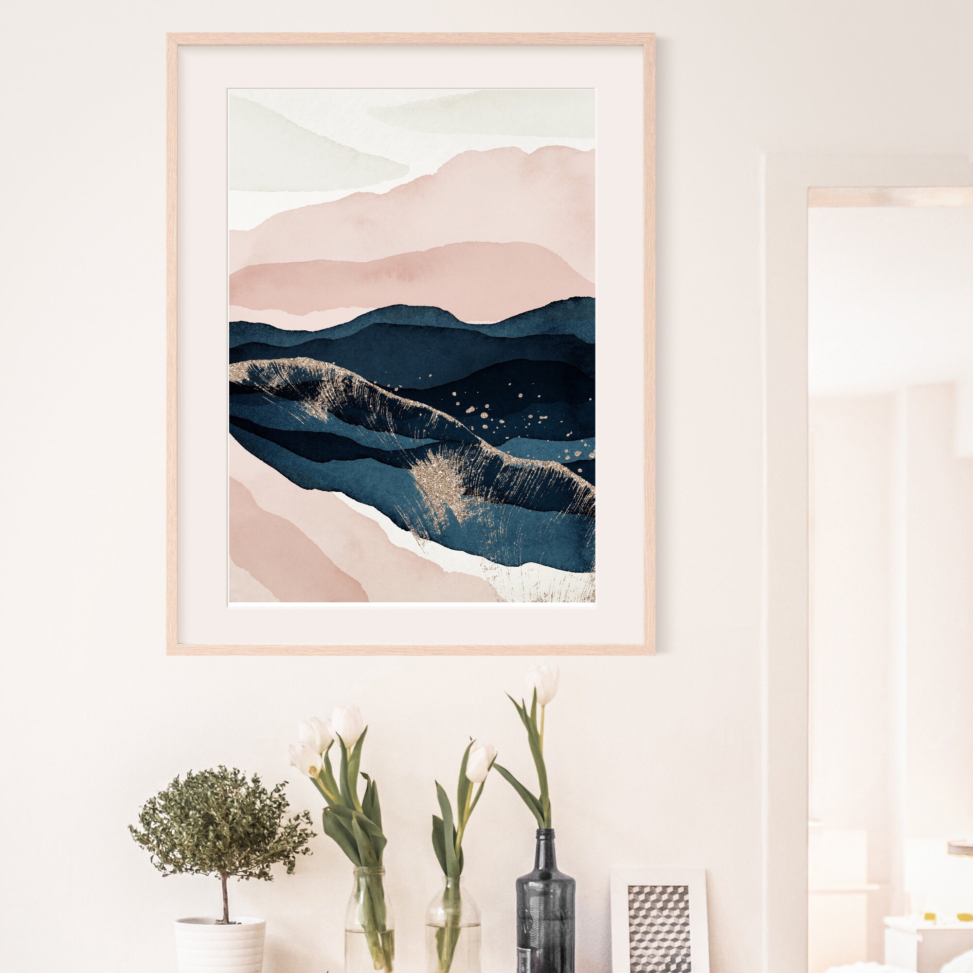 Navy Pink Wall Art Blue Blush Pink Wall Art Modern Bedroom Etsy