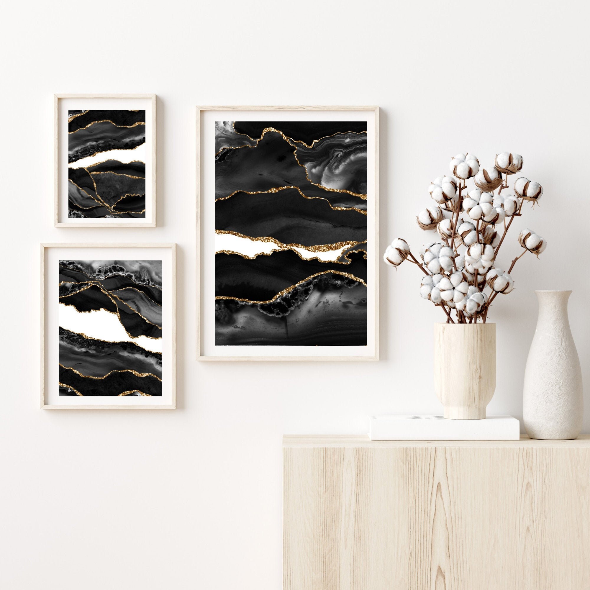 SET of 3 Black and Gold Abstract Wall Art Prints Wall Print Etsy UK