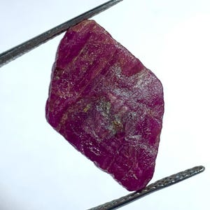May include: A rough, uncut ruby gemstone, held by silver tweezers against a white background. The ruby is a deep, rich red color with visible texture and natural imperfections. The tweezers are positioned to display the stone.