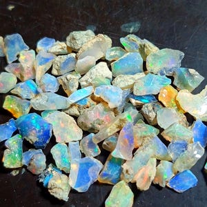 May include: A collection of raw opal gemstones. The opals display a variety of colors, including blue, green, orange, and white, with iridescent flashes. The rough stones have a natural, unpolished appearance, showcasing their unique textures and patterns.