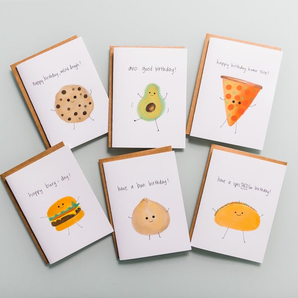 Cartes d'anniversaire Food Pun - Lot de 6 - Pizza, Hamburger, Avocat, Bun, Taco et Cookie