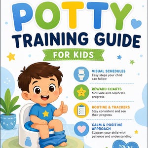 Pode incluir: Um guia de treino para o penico para crianças com autismo. A imagem apresenta um menino de desenho animado sentado no penico, dando um joinha. O guia inclui horários visuais, tabelas de recompensas e uma abordagem calma.
