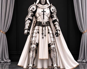 May include: A suit of silver plate armor featuring a white hooded cloak, a chest plate with a black cross emblem, and a matching white tunic. The armor includes articulated metal gauntlets, greaves, and a belt adorned with a hanging rosary.