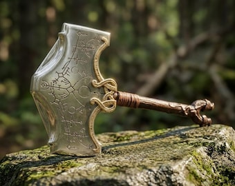 May include: A silver-toned hammer featuring intricate black etched runic symbols on the head, accented with a gold-colored metal serpent detail where the head meets the brown, textured handle that ends in a curved, branch-like pommel design.