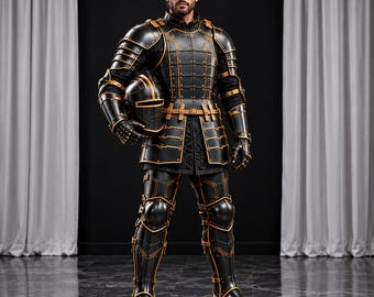 May include: A full suit of black plate armor with gold trim accents, including a breastplate, pauldrons, gauntlets, greaves, and a matching helmet held under one arm. The armor features articulated joints and leather straps.