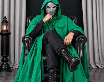 Zinc Metal Dr. Doom Mask, Green Hooded Warrior Costume, Fantasy Cosplay (Halloween)